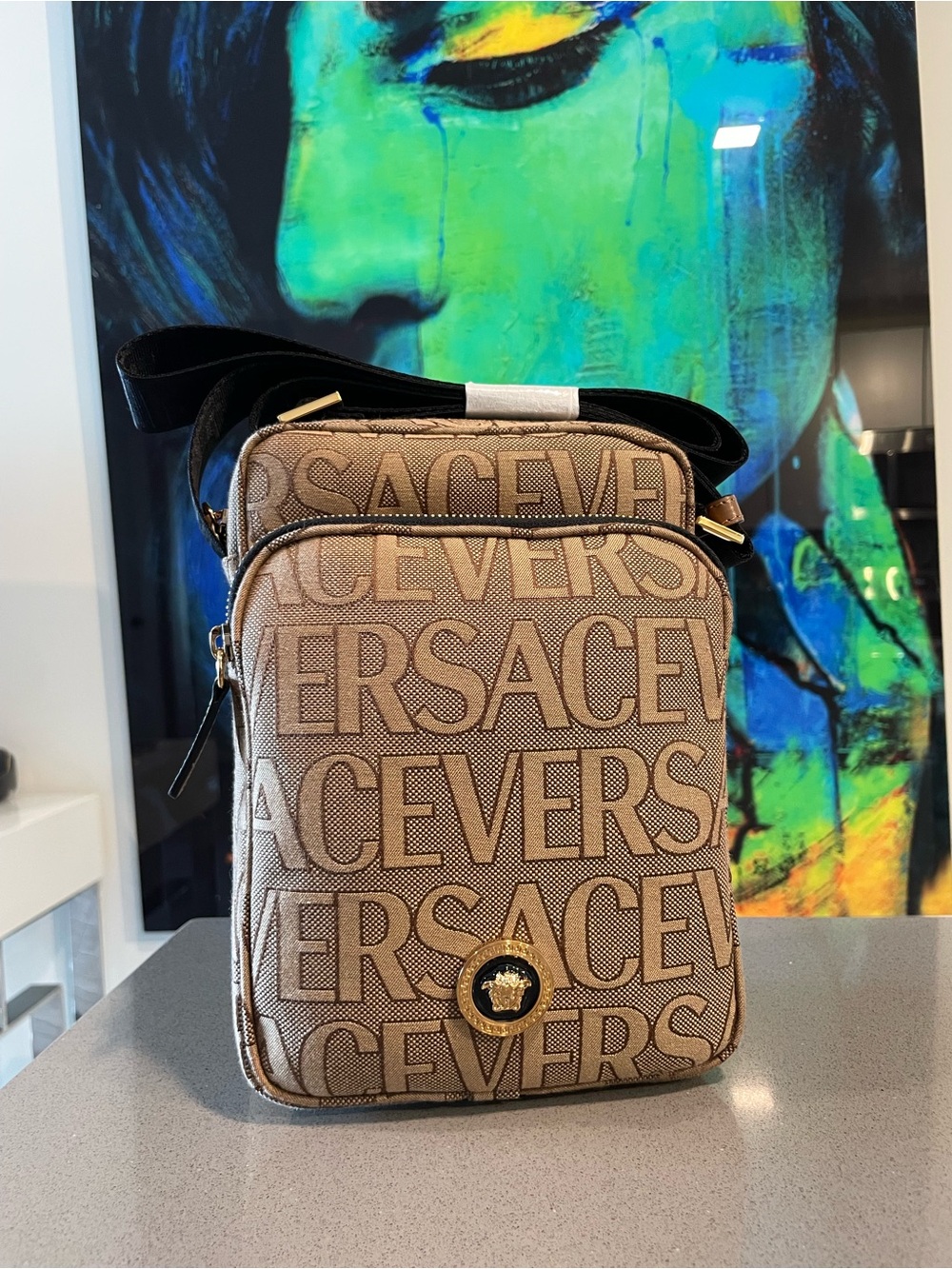 Versace Beige Logo Monogram Crossbody crossbody Bag with Gold Medusa